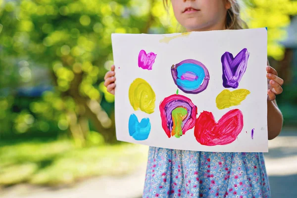 Little Preschool Girl Holding Picture Painted Colorful Water Colors Happy — Fotografia de Stock