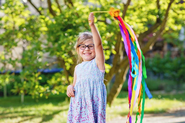 Little Preschool Girl Glasses Doing Gymnastics Dance Colorful Ribbon Cute — Fotografia de Stock