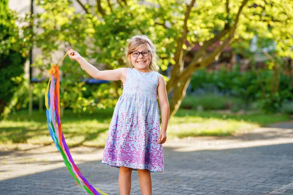 Little Preschool Girl Glasses Doing Gymnastics Dance Colorful Ribbon Cute — Foto Stock