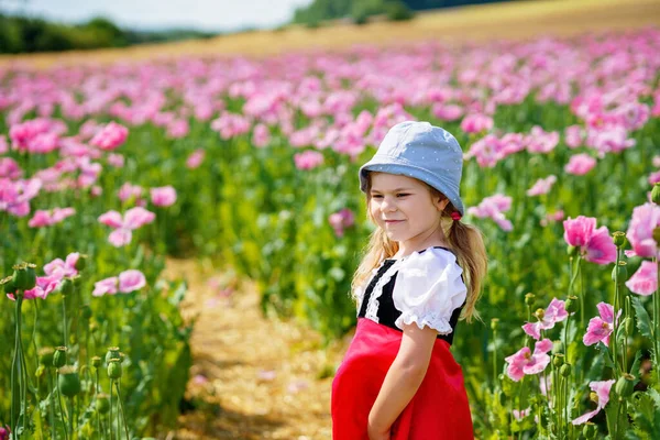 Little Preschool Girl Poppy Field Cute Happy Child Red Riding — Stock fotografie