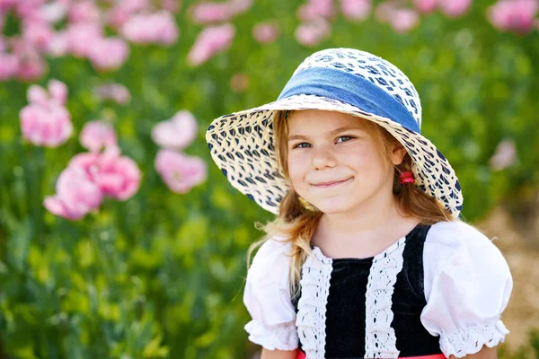 Little Preschool Girl Poppy Field Cute Happy Child Red Riding — Fotografia de Stock