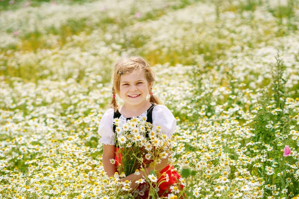 Malá Školačka Květinovém Poli Daisy Roztomilé Šťastné Dítě Červené Jezdecké — Stock fotografie
