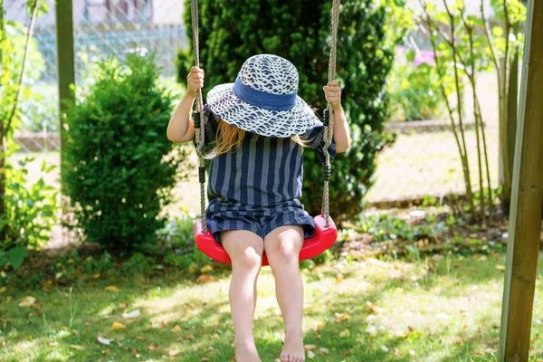 Happy Little Preschool Girl Having Fun Swing Domestic Garden Smiling — Fotografia de Stock