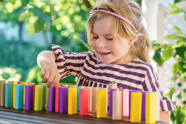Little Preschool Girl Playing Board Game Colorful Bricks Domino Happy — Photo
