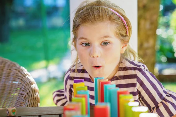 Little Preschool Girl Playing Board Game Colorful Bricks Domino Happy — Stockfoto