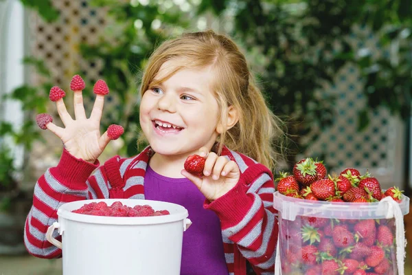 Portrait Happy Little Preschool Girl Eating Healthy Strawberries Raspberries Smiling — Foto de Stock