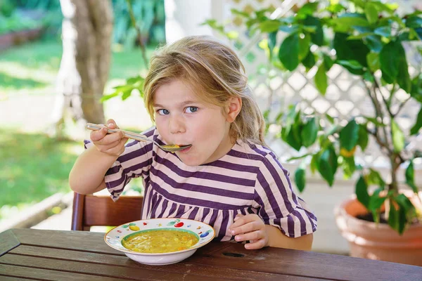 Little Preschool Girl Eating Spoon Vegetable Potato Soup Healthy Food — стоковое фото