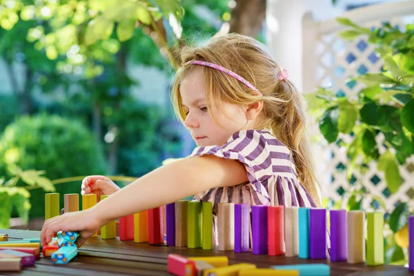 Little Preschool Girl Playing Board Game Colorful Bricks Domino Happy — Stock Photo, Image