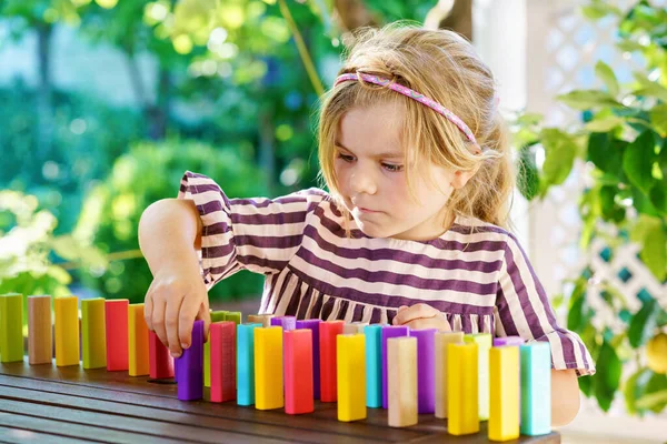 Little Preschool Girl Playing Board Game Colorful Bricks Domino Happy — 图库照片