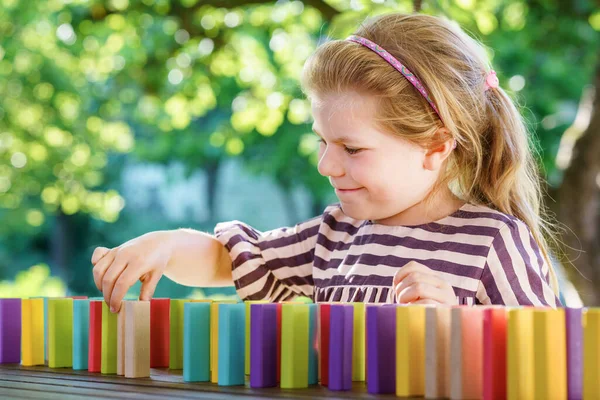 Little Preschool Girl Playing Board Game Colorful Bricks Domino Happy — Photo