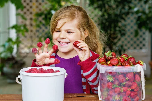 Portrait Happy Little Preschool Girl Eating Healthy Strawberries Raspberries Smiling — 图库照片