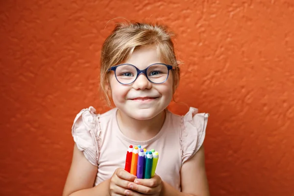 Happy Cute Little Preschooler Girl Glasses Holding Colorful Pencils Making — Stockfoto