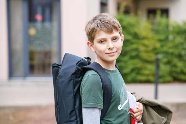Happy Preteen Kid Boy Backpack Satchel Schoolkid Way Elementary Middle — Stockfoto