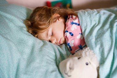 Cute little preschool girl sleeping in bed. Tired preschool child dreaming, healthy sleep of children. Hugging with soft toy