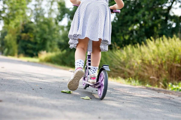 Closeup Active Little Preschool Girl Riding Scooter Road Park Outdoors — 图库照片