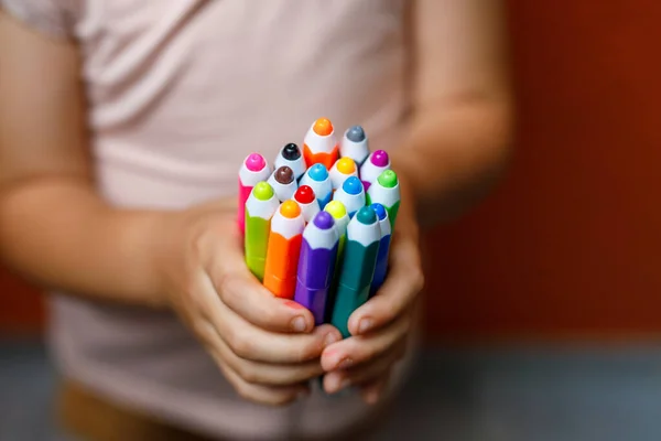 Closeup Hands Little Preschooler Girl Holding Colorful Pencils Playful Child —  Fotos de Stock