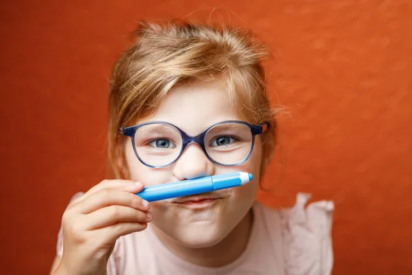 Happy Cute Little Preschooler Girl Glasses Holding Colorful Pencils Making — Stock fotografie