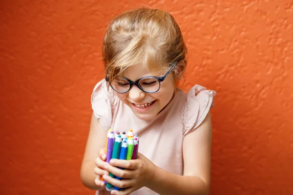 Happy Cute Little Preschooler Girl Glasses Holding Colorful Pencils Making — Zdjęcie stockowe