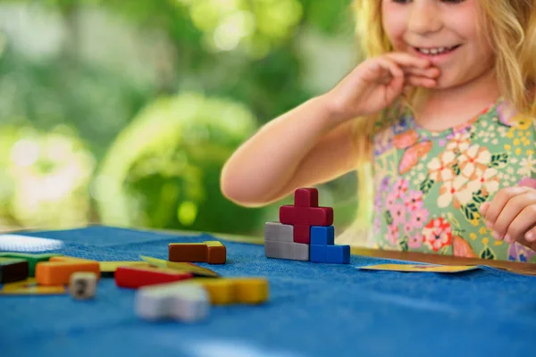 Little Preschool Girl Playing Board Game Colorful Bricks Happy Child — Foto de Stock