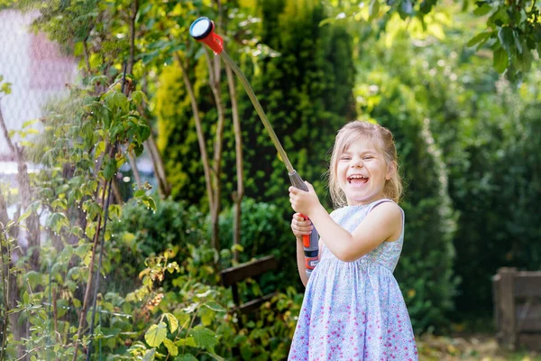 Happy Little Girl Playing Garden Hose Hot Sunny Summer Evening — Foto de Stock