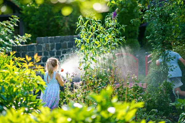 Happy little girl playing with a garden hose on hot and sunny summer evening. Preschool child helping and having fun with watering trees and plants in domestic garden.