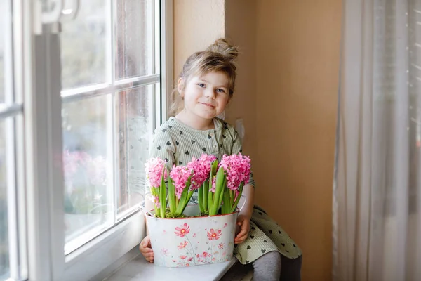 小さな幼児の女の子がピンクのヒヤシンスの花を咲かせて窓辺に座っています 幸せな子供室内で 母の日 バレンタインデー 誕生日 春のコンセプト — ストック写真