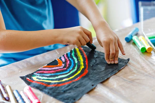 Closeup Child Painting Rainbow Picture Different Stick Colors Black Background — Stock Photo, Image