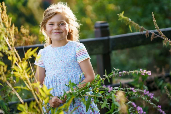 Retrato Uma Menina Pré Escolar Bonito Com Flores Silvestres Livre — Fotografia de Stock