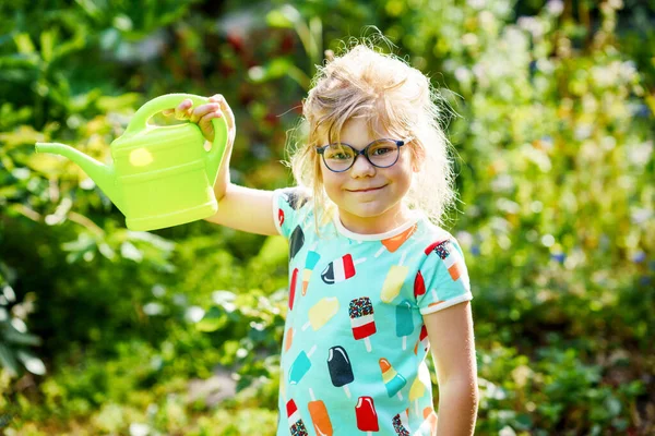 Little Girl Garden Green Watering Pot Preschool Child Using Rainwater — стоковое фото