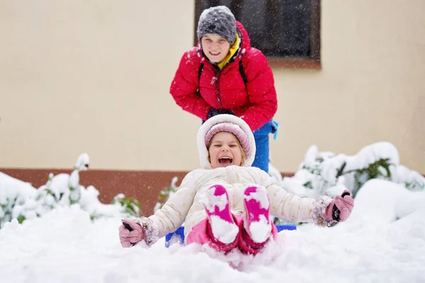 Little Preschool Girl School Boy Playing Snow Winter Brother Sliding — Fotografia de Stock