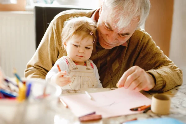 Cute Little Baby Toddler Girl Handsome Senior Grandfather Painting Colorful — Stock Photo, Image