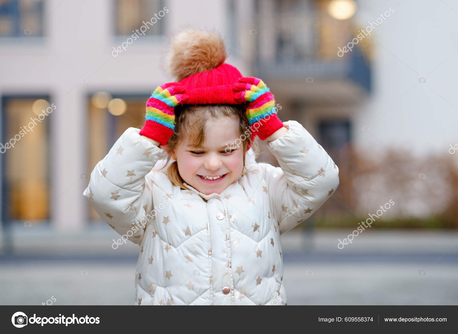 Funny Portrait Little Preschool Girl Winter Clothes Happy Positive