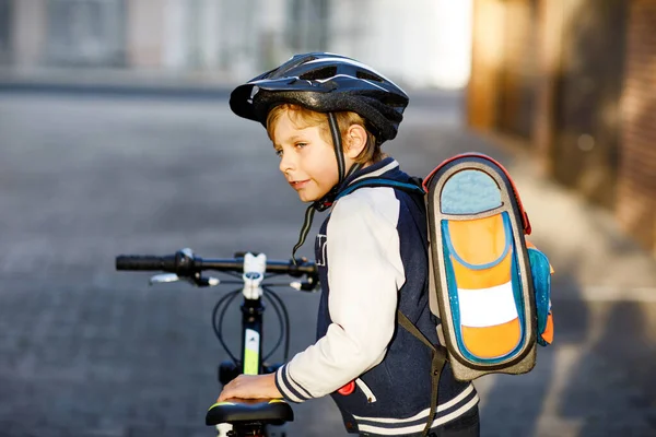 Schoolkid Boy Safety Helmet Riding Bike City Backpack Happy Child — Stock Photo, Image