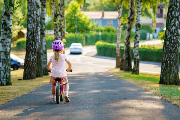 Little Preschool Girl Helmet Running Balance Bike Summer Day Happy — Stock Photo, Image