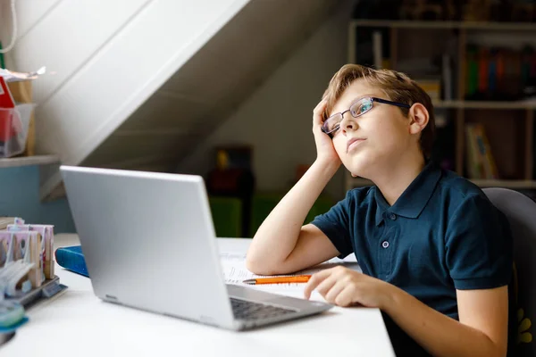 Kid Boy Glasses Learning Home Laptop School Adorable Child Making — Stock Photo, Image