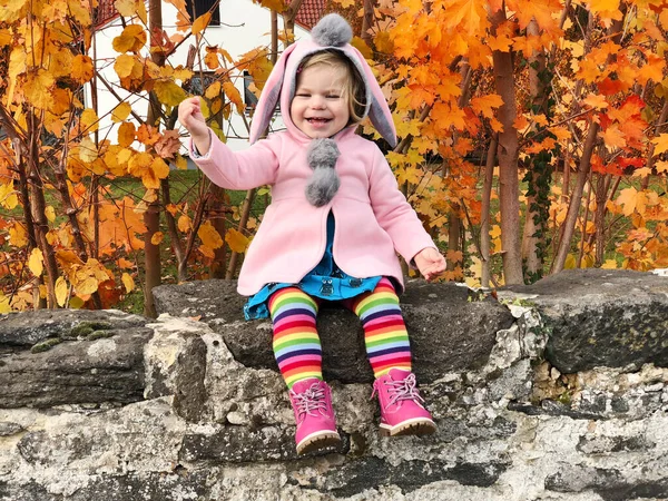 Adorável Menina Criança Bonito Andando Parque Dia Outono Criança Feliz — Fotografia de Stock