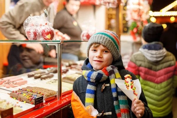 Little Kid Boy Cute Child Eating Bananas Covered Chocolate Marshmellows — Stock Photo, Image