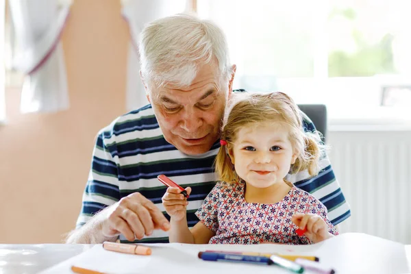 Cute Little Baby Toddler Girl Handsome Senior Grandfather Painting Colorful — Stock Photo, Image