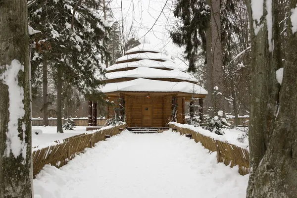 Casa innevata nella bellissima foresta invernale — Foto Stock