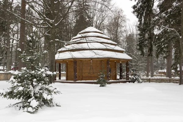 Casa innevata nella bellissima foresta invernale — Foto Stock