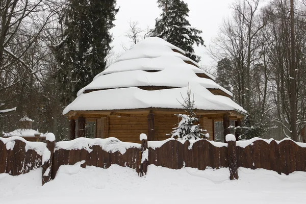 Casa innevata nella bellissima foresta invernale — Foto Stock