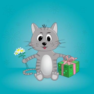 çiçek ve hediye ile komik karikatür kedi