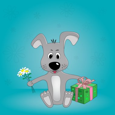 çiçek ve hediye ile komik karikatür köpek