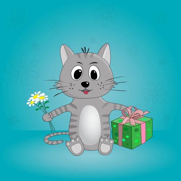 Divertido gato de dibujos animados con flores y regalos en vector — Archivo Imágenes Vectoriales