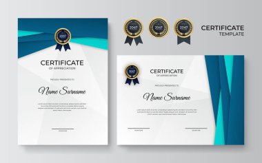 Takdir belgesi, altın ve mavi yeşil renk. Altın rozetli temiz modern sertifika. Lüks ve modern sınır şablonu sertifikası. Diploma vektör şablonu