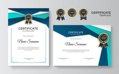 Profesyonel tarzda mavi ve yeşil sertifika tasarımı. Zarif, temiz ve basit sertifika şablonu