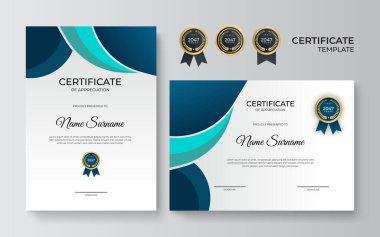 Takdir belgesi, altın ve mavi yeşil renk. Altın rozetli temiz modern sertifika. Lüks ve modern sınır şablonu sertifikası. Diploma vektör şablonu