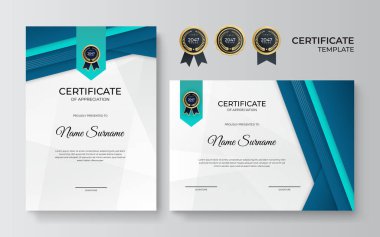 Takdir belgesi, altın ve mavi yeşil renk. Altın rozetli temiz modern sertifika. Lüks ve modern sınır şablonu sertifikası. Diploma vektör şablonu