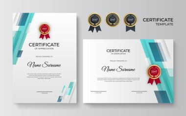 Takdir belgesi, altın ve mavi yeşil renk. Altın rozetli temiz modern sertifika. Lüks ve modern sınır şablonu sertifikası. Diploma vektör şablonu