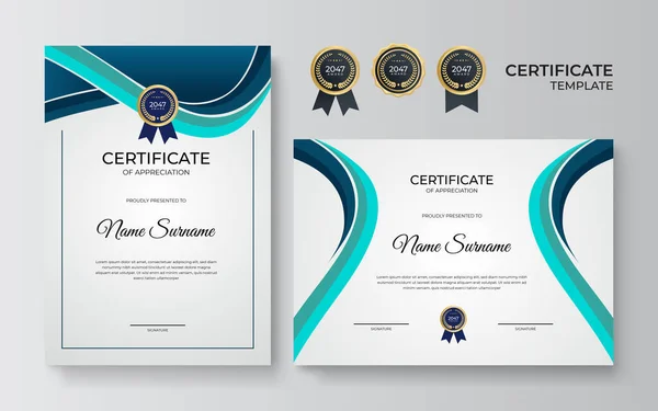 Modèle Certificat Appréciation Couleur Bleu Vert Certificat Moderne Propre Avec — Image vectorielle
